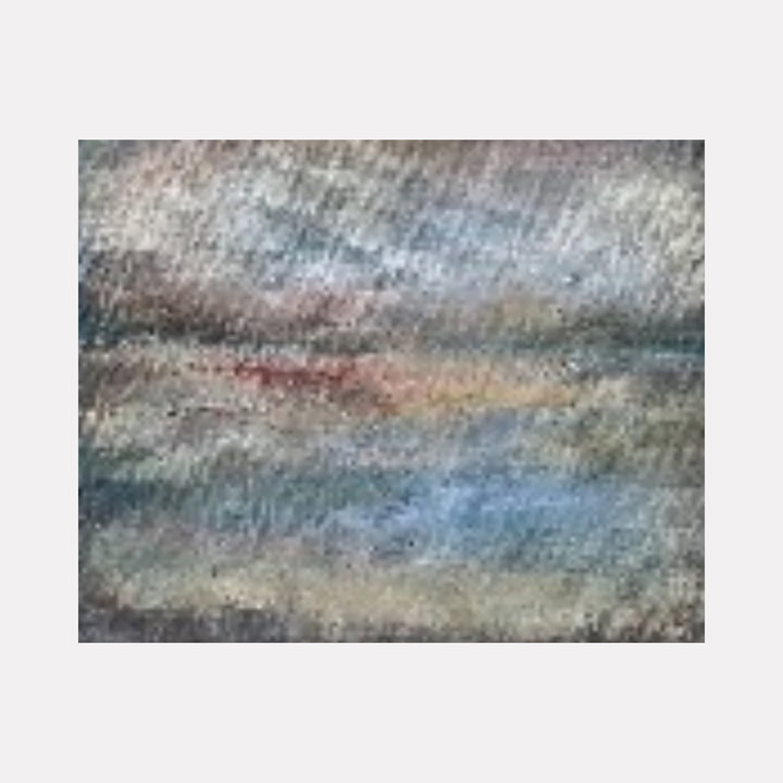 The artwork "Reflection" by Xanthippe Tsalimi features an abstract composition with layered horizontal bands in muted blues, grays, and soft earthy tones. The textured surface evokes a misty, serene atmosphere reminiscent of the tonal subtlety found in works by J.M.W. Turner and the quiet abstraction of Mark Rothko.