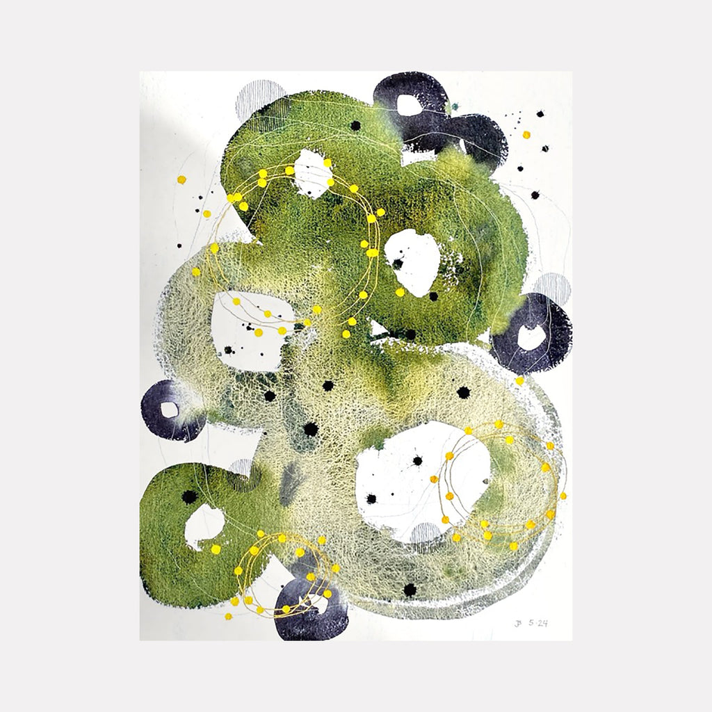 The artwork 'Rejuvenation' by Jocelyn Benford features organic swirling shapes in moss green watercolor with deep navy circular accents. Abstract composition displays fluid brush strokes, delicate yellow dotted lines, and white negative spaces creating a dynamic interplay of light and shadow. Splattered ink details add depth to this mixed media piece on paper.