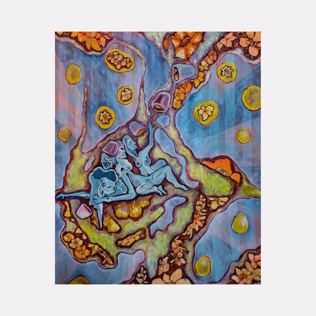 The artwork "Remembering My Place" by Laurie Shapiro features abstract, organic shapes and flowing forms in vibrant blues, greens, and oranges. The composition includes intertwined figures and circular motifs that evoke a sense of connection and introspection, rendered with textured brushstrokes and layered patterns. Laurie Shapiro.