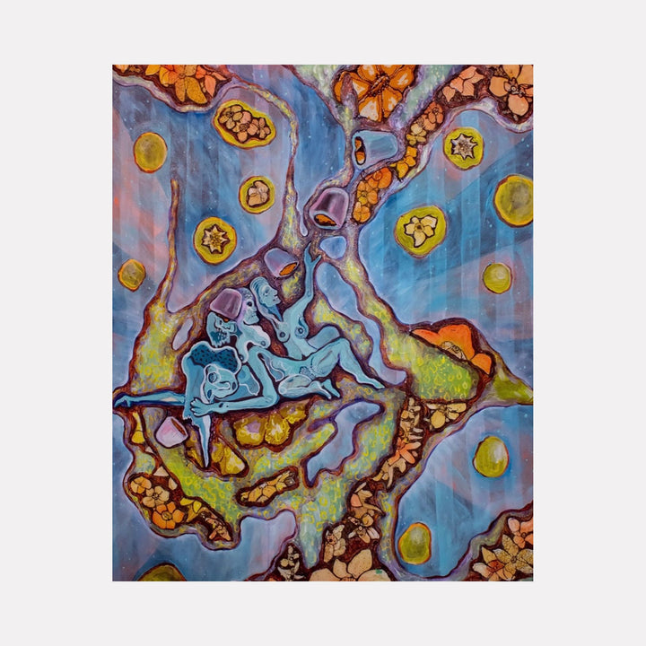 The artwork "Remembering My Place" by Laurie Shapiro features abstract, organic shapes and flowing forms in vibrant blues, greens, and oranges. The composition includes intertwined figures and circular motifs that evoke a sense of connection and introspection, rendered with textured brushstrokes and layered patterns. Laurie Shapiro.