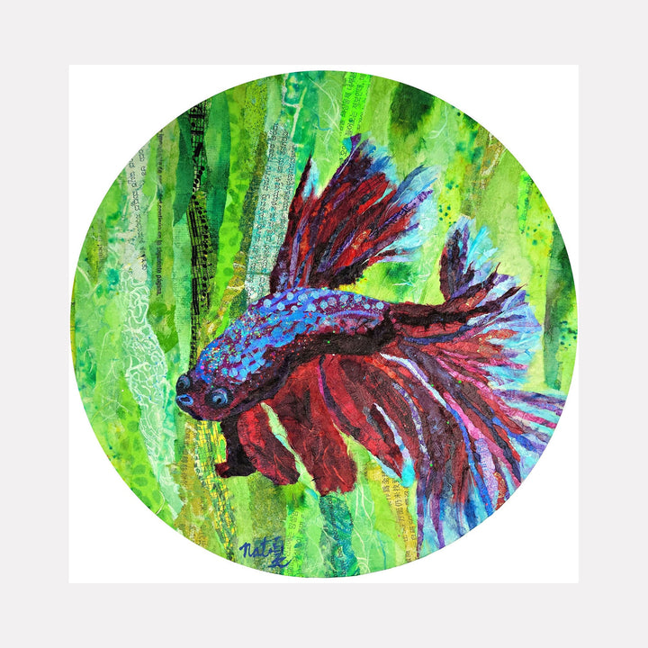 The artwork 'Rendevous with Rama' by Natasha Papousek features a vibrant Siamese fighting fish in deep crimson and royal blue hues, swimming against a luminous green background. The betta fish's flowing fins are depicted in dramatic brushstrokes, creating movement through layers of painted paper collage on a circular wooden panel.