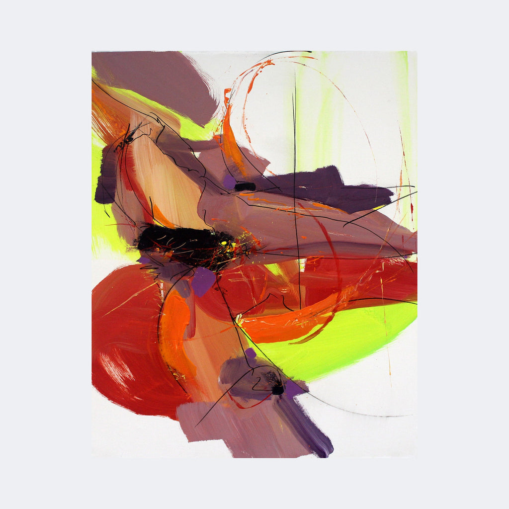 The artwork "Repose" by Carla Forrest features a dynamic composition of sweeping brushstrokes in vivid hues of orange, red, purple, and neon yellow, layered with thin black linework that suggests organic forms and movement. The style evokes the abstract expressionism of artists like Willem de Kooning and Joan Mitchell, blending energetic textures with a vibrant, flowing palette.
