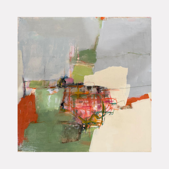Respectfully Misbehaving by Leslie Thornton reveals an abstract interplay of muted grays, soft greens, creamy beige, and bold orange-red accents, with delicate linear textures and layered brushstrokes that convey a subtle tension between organic forms and structured elements in a contemplative, modern composition.
