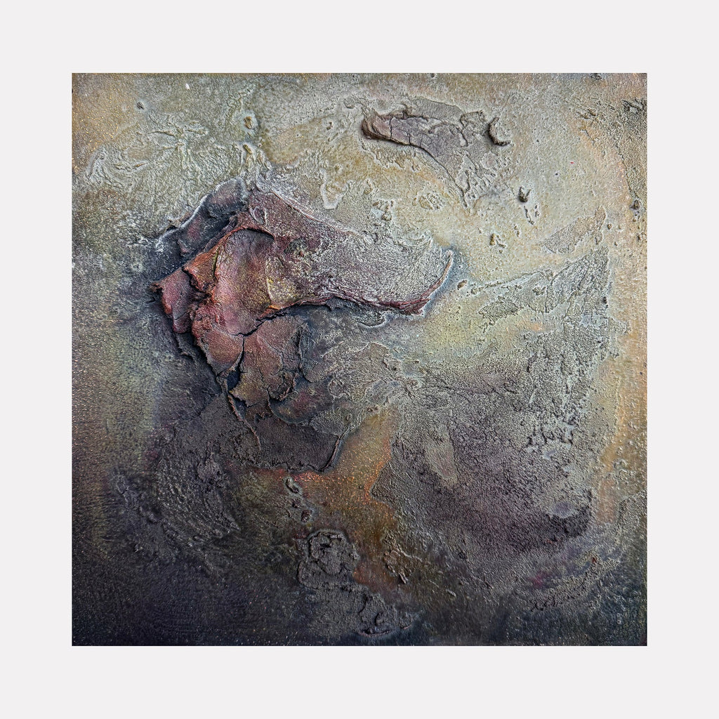 The artwork "Restless" by Abbey Stace exhibits a richly textured, abstract surface with layered earthy browns and muted greys, featuring cracked and weathered forms that evoke geological patterns. The evocative depth and raw materiality recall the atmospheric abstractions of Anselm Kiefer and the tactile complexity found in Jean Dubuffet’s work.