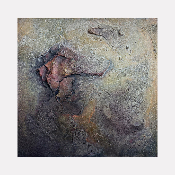 The artwork "Restless" by Abbey Stace exhibits a richly textured, abstract surface with layered earthy browns and muted greys, featuring cracked and weathered forms that evoke geological patterns. The evocative depth and raw materiality recall the atmospheric abstractions of Anselm Kiefer and the tactile complexity found in Jean Dubuffet’s work.