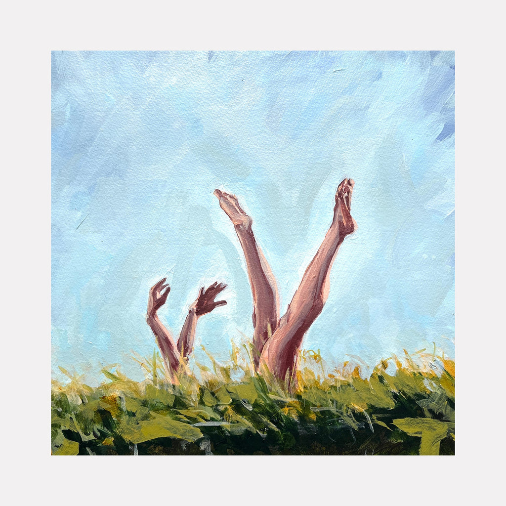 The artwork "A Restless Logic" by Jo Carol Mitchell-Rogers features expressive, elongated limbs rising from a textured green field against a soft, painterly sky. The brushstrokes recall the impressionistic style of Claude Monet, while the surreal composition evokes the whimsical nature of Salvador Dalí’s works, blending realism with imaginative abstraction.