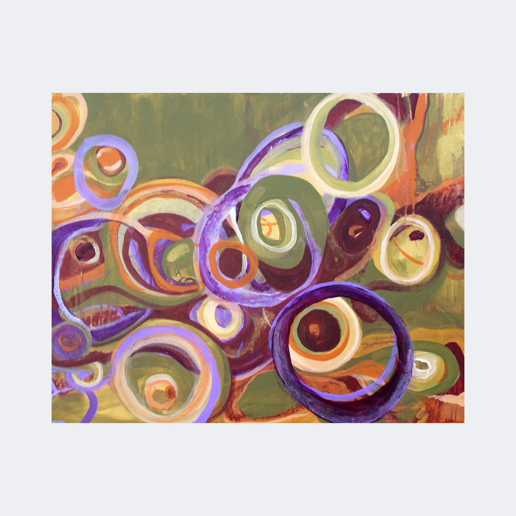 The artwork "Retro" by Carla Forrest features an abstract composition of intertwined circular shapes in varying sizes. Dominated by earthy greens and browns with vibrant accents of purple, orange, and cream, the painting evokes a dynamic, flowing movement. Its style resonates with the organic abstraction of Wassily Kandinsky and the bold color contrasts reminiscent of Sonia Delaunay.