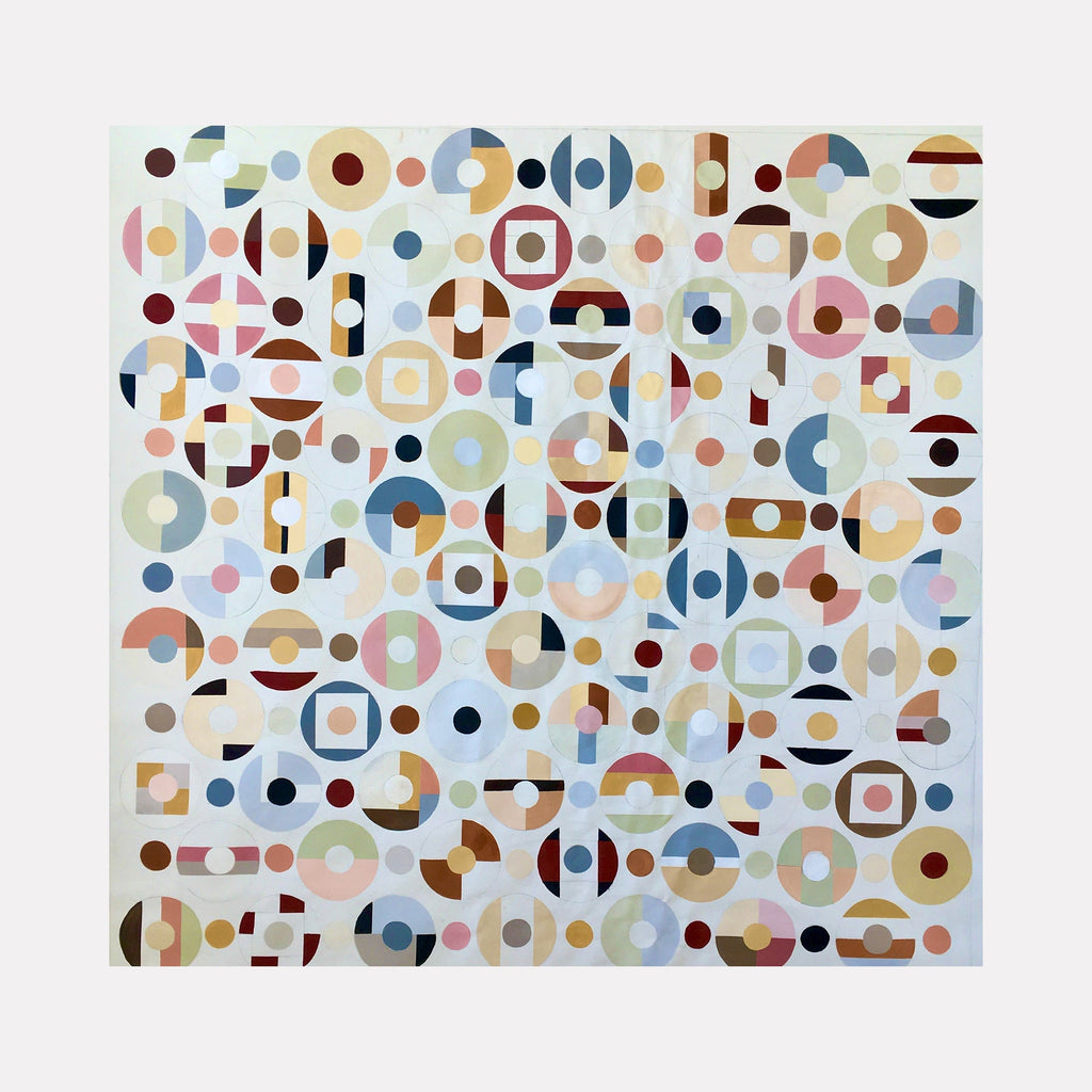 The artwork "Rhythm" by Benna Holden features an intricate arrangement of geometric shapes including circles, semicircles, and squares in soft muted tones of blues, browns, pinks, and creamy whites. The composition evokes a modernist aesthetic similar to Paul Klee’s playful abstractions and Wassily Kandinsky’s studied color harmonies, with a balanced, rhythmic pattern and smooth textures.