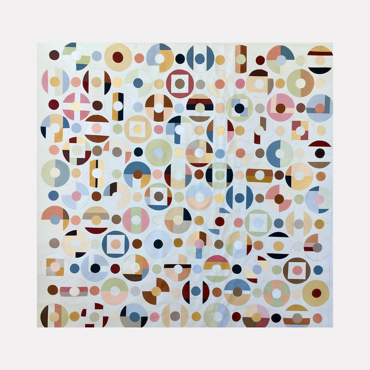 The artwork "Rhythm" by Benna Holden features an intricate arrangement of geometric shapes including circles, semicircles, and squares in soft muted tones of blues, browns, pinks, and creamy whites. The composition evokes a modernist aesthetic similar to Paul Klee’s playful abstractions and Wassily Kandinsky’s studied color harmonies, with a balanced, rhythmic pattern and smooth textures.