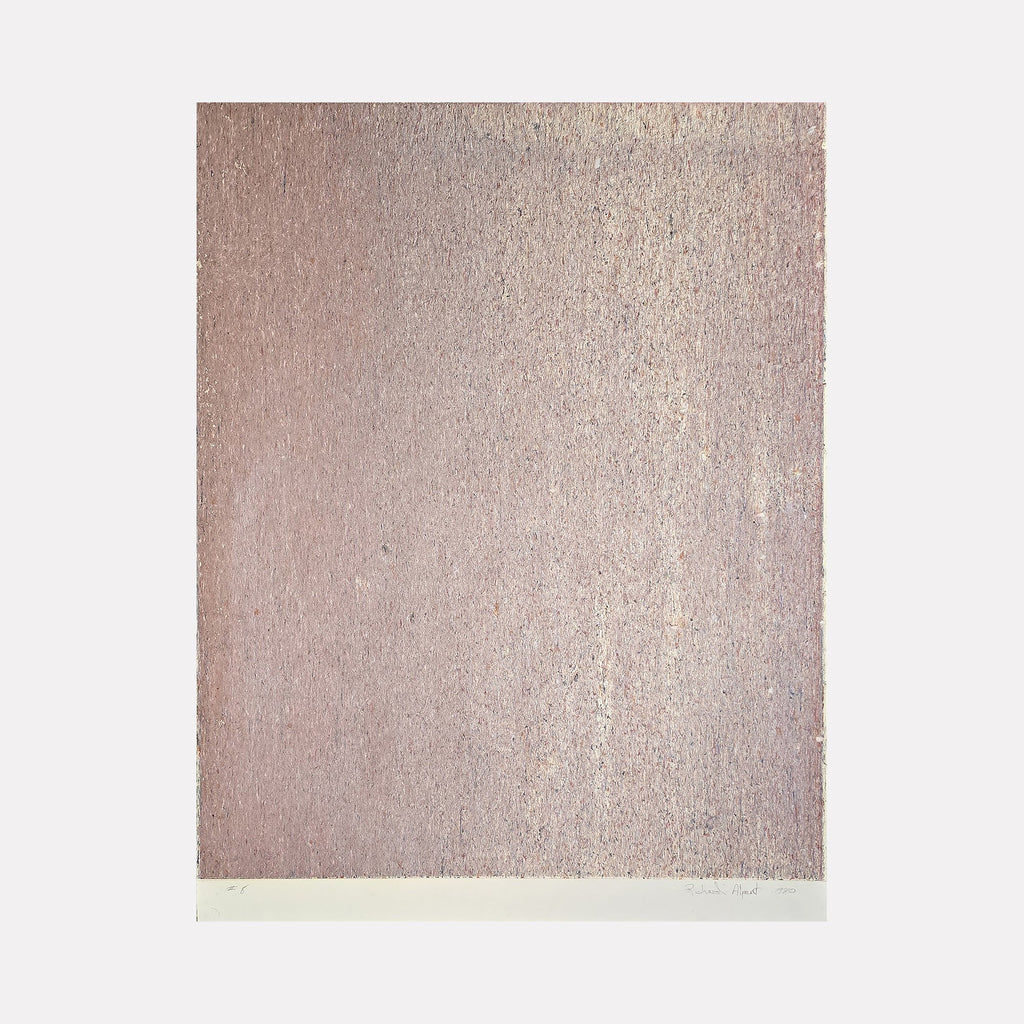 The artwork Skywall #8 by Richard Alpert features a dense, textured surface with subtle variations in pale mauve and muted lavender tones. The intricate, almost pointillist pattern evokes minimalist and abstract expressionist styles reminiscent of artists like Agnes Martin and Mark Rothko, focusing on color field and delicate repetition for a meditative effect.