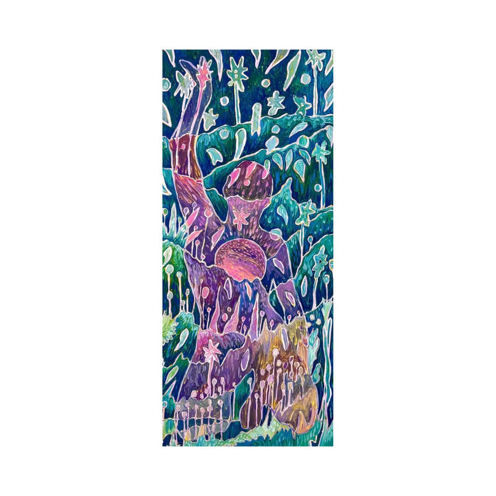 The artwork "Rising" by Laurie Shapiro depicts an abstract figure with outstretched arms surrounded by vibrant shapes and star-like forms in deep blues, purples, pinks, and greens, creating a textured, dynamic composition that evokes movement and ascension. Laurie Shapiro