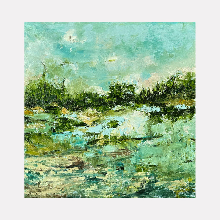 The artwork "Amazing Amazon" features a textured abstract landscape with vibrant shades of green, turquoise, and hints of yellow, depicting a lush river scene with dense foliage and reflective water. The brushstrokes create a dynamic, impressionistic style evoking the natural beauty of the Amazon. By Rita BasuMallick.
