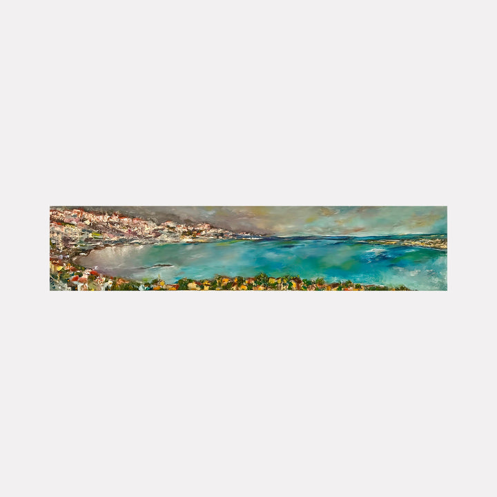 The artwork "Niceville" by Rita BasuMallick depicts a panoramic coastal scene with vibrant blue and turquoise waters blending into a textured shoreline with clusters of buildings and greenery. The painting features rich, layered brushstrokes creating depth in the sky and sea, emphasizing a serene yet dynamic atmosphere. Rita BasuMallick.
