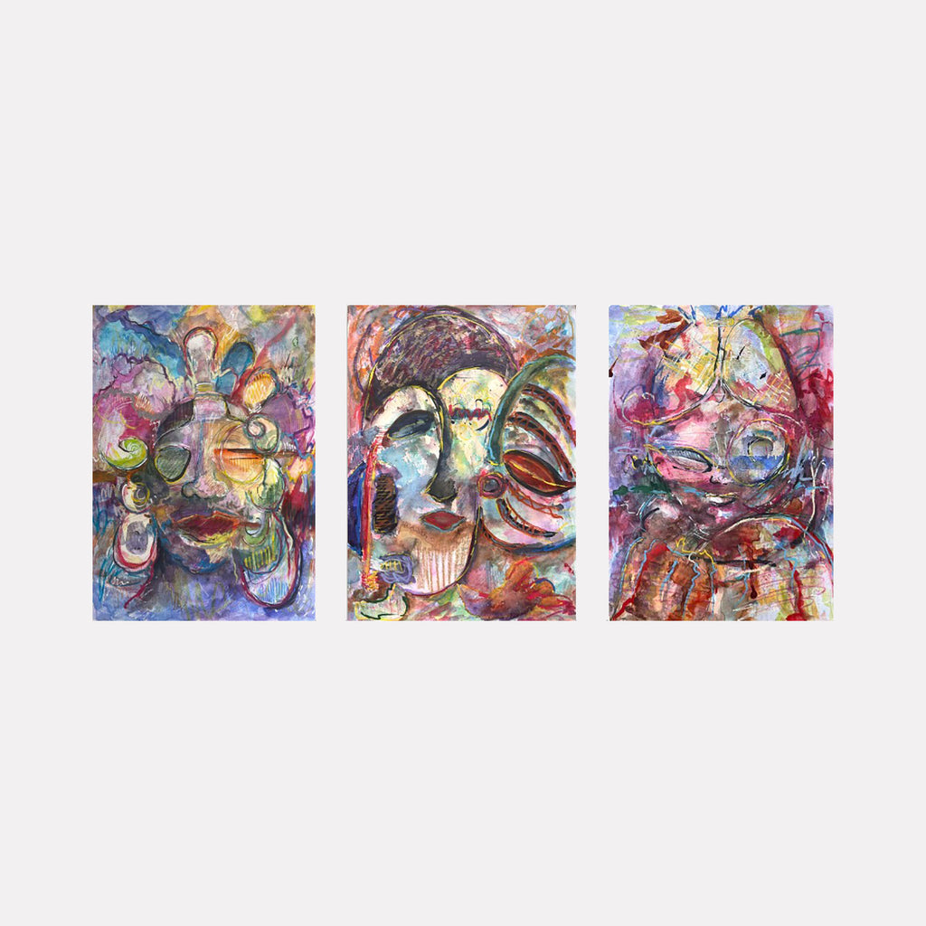 Rites of Passage (Triptych) by Dionysia Adamopoulou features a trio of abstract faces rendered with expressive brushstrokes in vibrant reds, blues, and earthy tones. The layered, swirling forms evoke a sense of emotional complexity and transformation, blending contemplative portraiture with a dynamic, modernist style.