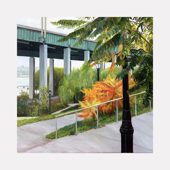 The artwork "River's Edge in Fall, Riverside Park South NYC" by Jessica Ziegler captures a serene urban autumn scene with vibrant orange and green foliage, textured leaves, and detailed lampposts under an overpass. The style reflects a blend of realism and impressionism reminiscent of Edward Hopper's focus on light and atmosphere.