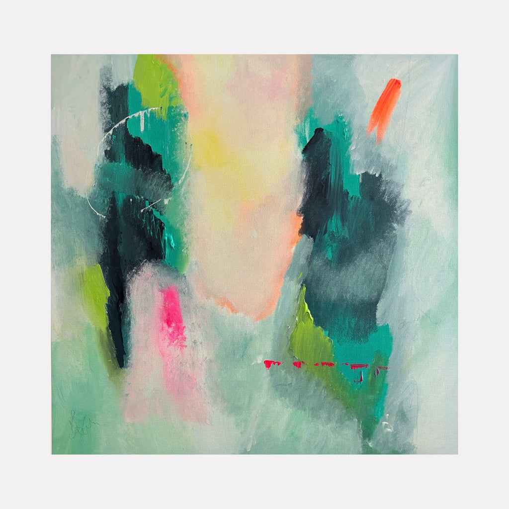 The artwork 'Riveting' features abstract brushstrokes in teal, coral, and lime green with soft pink undertones in mixed media by Tammy Kushnir
