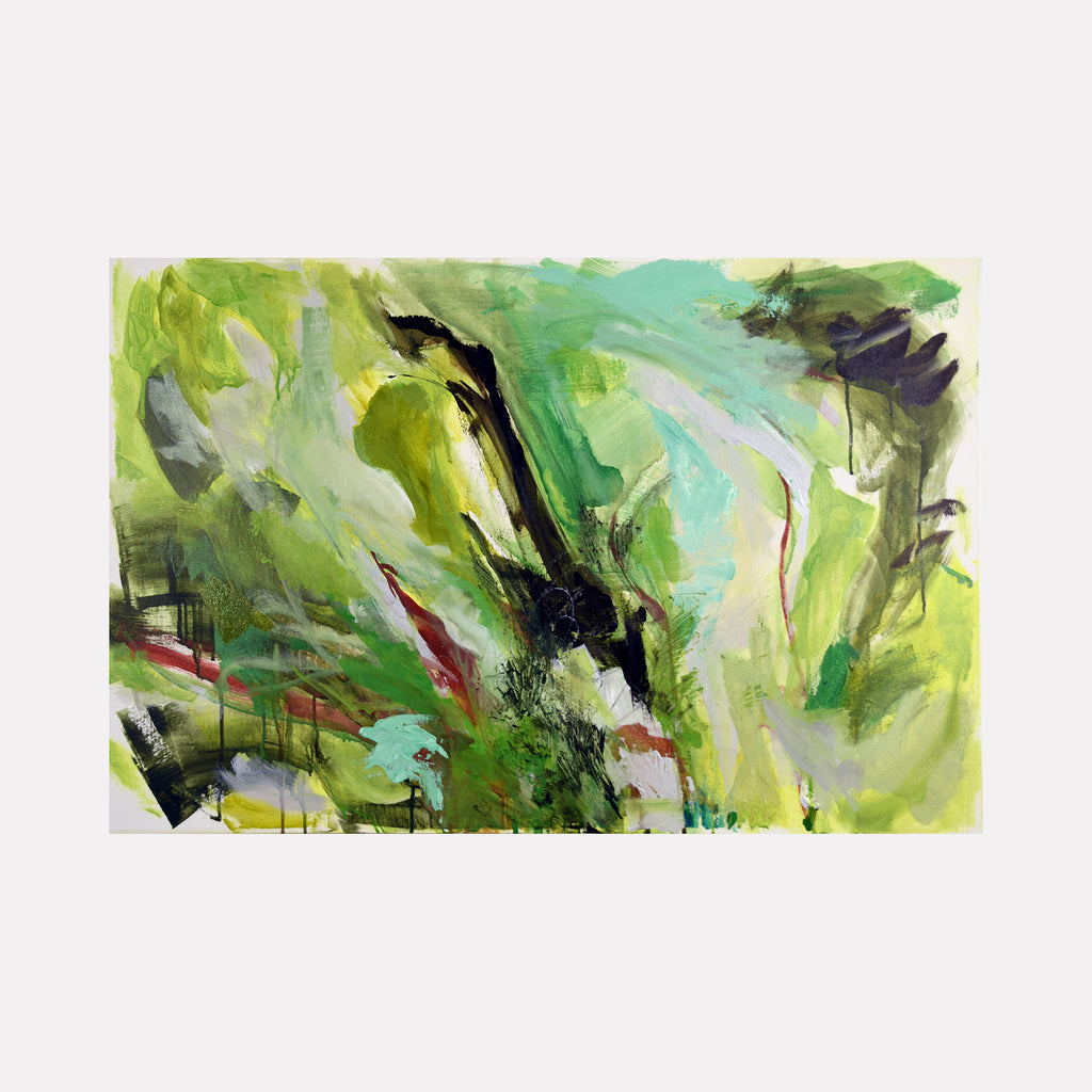 Rokeby Moss by Veronica Lawlor is a Curina art piece featuring expressive brushstrokes in vibrant greens, soft blues, and touches of black and red, creating an abstract landscape that evokes lush mossy textures and natural energy in a dynamic composition.