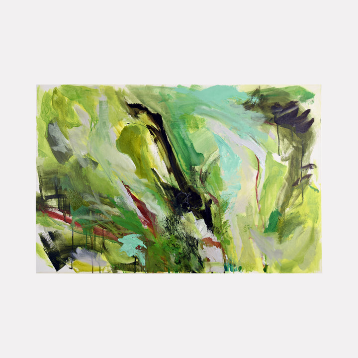 Rokeby Moss by Veronica Lawlor is a Curina art piece featuring expressive brushstrokes in vibrant greens, soft blues, and touches of black and red, creating an abstract landscape that evokes lush mossy textures and natural energy in a dynamic composition.