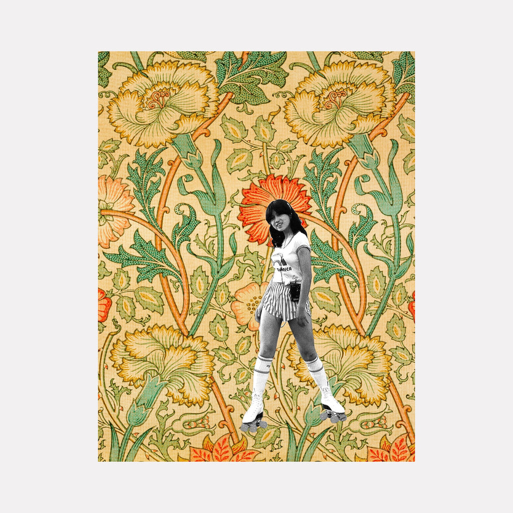 The artwork "Roller Girl" features a black and white retro image of a girl wearing roller skates and knee-high socks, set against a detailed vintage floral pattern with large yellow and orange flowers and green leaves on a beige background. The contrast between the monochrome figure and colorful textured backdrop highlights both elements. Theresa Gooby.
