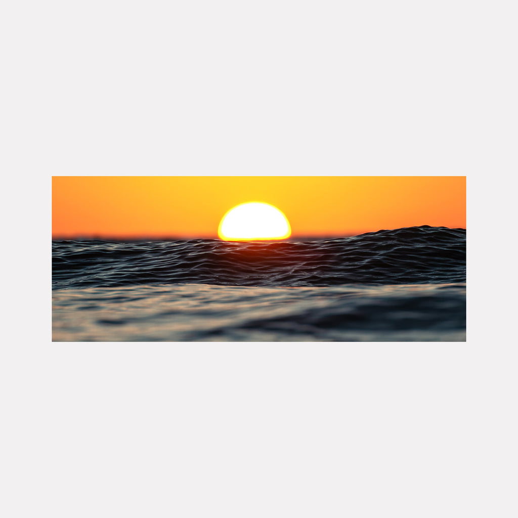 The artwork "Rolling Tide" by Kyle Murphy in gallery position 1 portrays a glowing, low-horizon sun partially hidden by textured, undulating ocean waves. The vibrant interplay of luminous yellow and deep blue evokes the tranquil yet dynamic qualities found in J.M.W. Turner’s seascapes and the atmospheric gradations reminiscent of Hiroshi Sugimoto’s photographic studies of water.