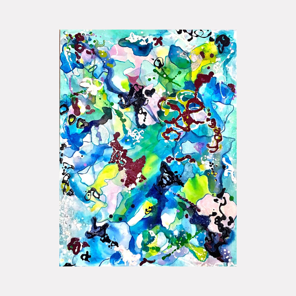 The artwork "Rolling In The Deep" by Benna Holden features an abstract composition with swirling shapes and fluid forms in vibrant blues, greens, and touches of yellow and pink. The design incorporates intricate black linework and textured layers reminiscent of Jackson Pollock’s energetic splatters and Helen Frankenthaler’s color washes, evoking a dynamic underwater scene.