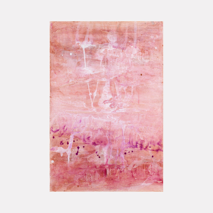 The artwork "Romance II of II" by Deborah Chaney features a textured composition dominated by warm pink and rose tones with subtle hints of purple and white. The abstract layering and fluid brushstrokes evoke the soft, emotive qualities reminiscent of Mark Rothko’s color fields and Helen Frankenthaler’s stain painting techniques, creating a dreamy, romantic atmosphere.