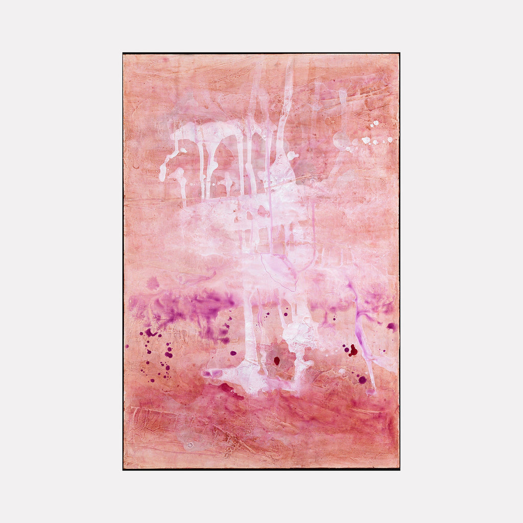 The artwork "Romance I of II" by Deborah Chaney features an abstract composition with a soft, warm palette dominated by shades of pink, peach, and lavender. The piece includes flowing, translucent white drips and splatters on a textured background that evokes a dreamy, atmospheric effect reminiscent of Helen Frankenthaler's color field works and Mark Rothko’s layered expanses of color.