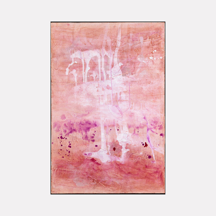 The artwork "Romance I of II" by Deborah Chaney features an abstract composition with a soft, warm palette dominated by shades of pink, peach, and lavender. The piece includes flowing, translucent white drips and splatters on a textured background that evokes a dreamy, atmospheric effect reminiscent of Helen Frankenthaler's color field works and Mark Rothko’s layered expanses of color.