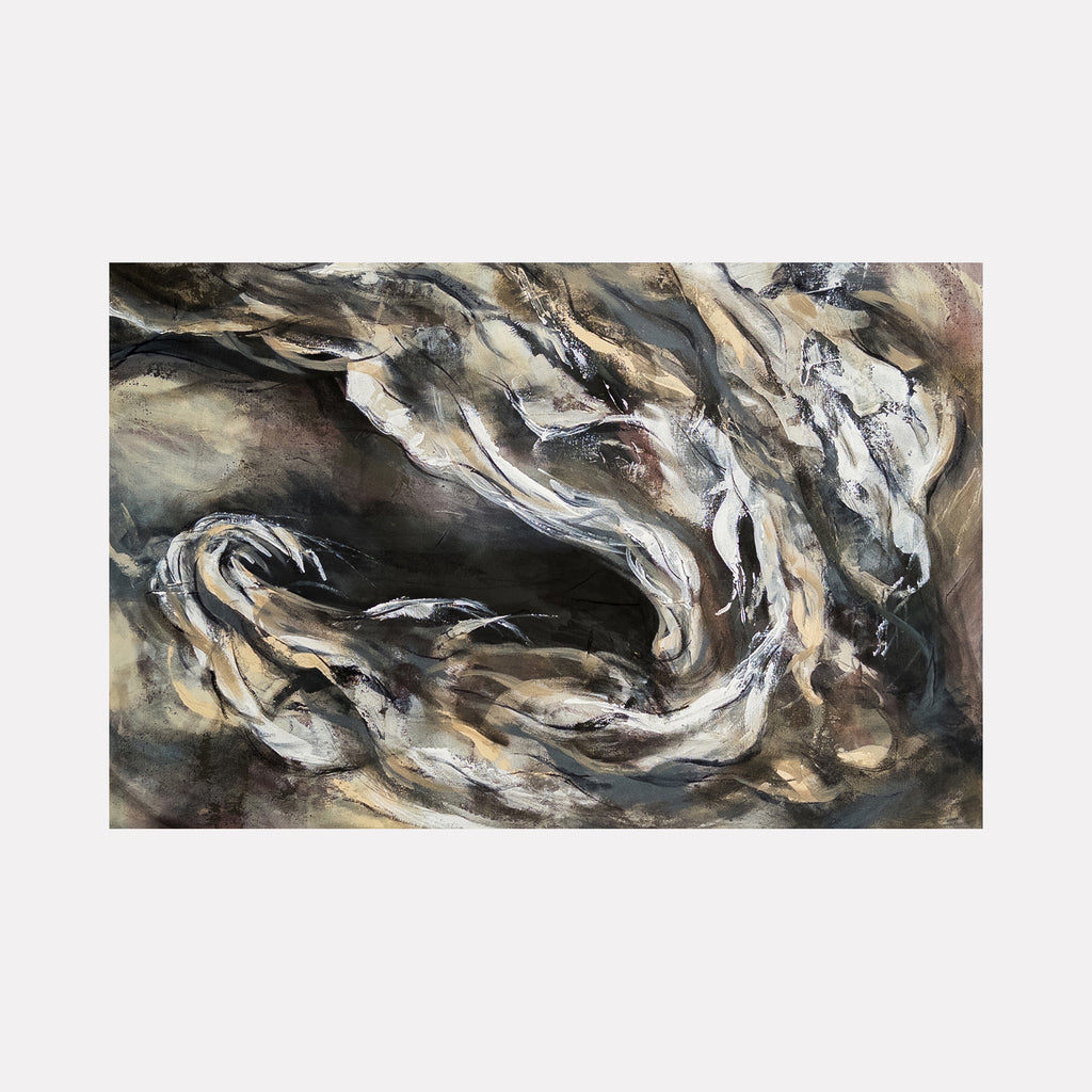 Rooted by Betsy Becher portrays an abstract interplay of flowing forms in earthy tones of beige, gray, and black, with dynamic brushwork creating a sense of organic movement and depth, evoking natural textures and the quiet strength of intertwined roots in a contemplative, modern composition.