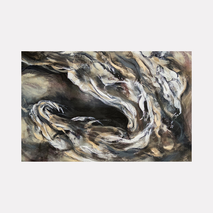 Rooted by Betsy Becher portrays an abstract interplay of flowing forms in earthy tones of beige, gray, and black, with dynamic brushwork creating a sense of organic movement and depth, evoking natural textures and the quiet strength of intertwined roots in a contemplative, modern composition.