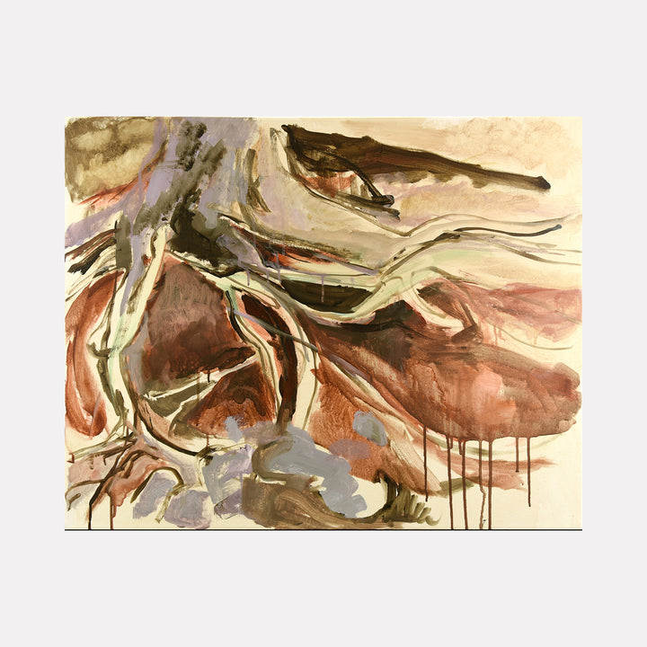 Roots by Veronica Lawlor is a Curina art piece depicting an abstract portrayal of intertwined tree roots in earthy tones of brown, beige, and gray with fluid brushstrokes that evoke organic movement and a grounded, natural energy.