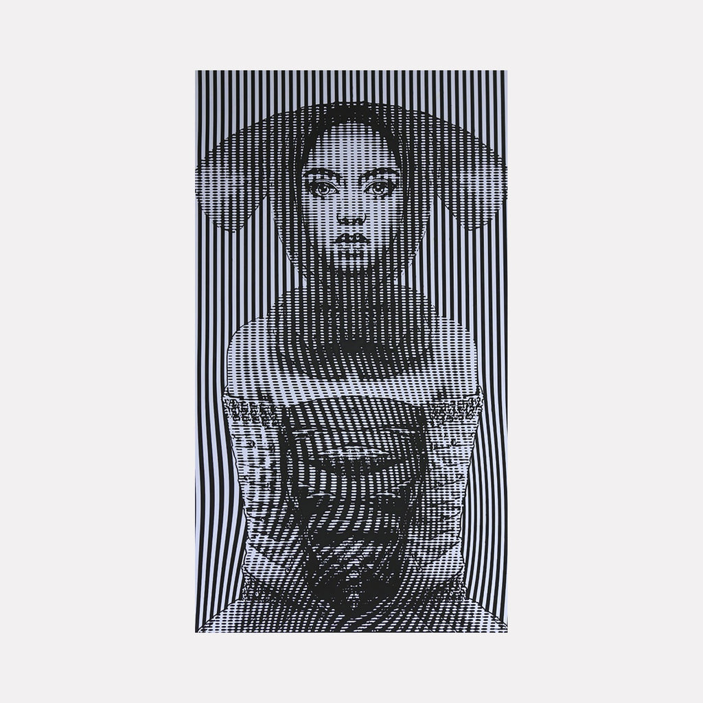 The artwork "Rose Bunny II" by Carlos Gamez de Francisco features a monochromatic portrait of a woman with a rabbit-eared hood, created using a unique optical illusion technique with black and white vertical lines and dots. The interplay of lines forms a textured, modern, and striking visual effect.