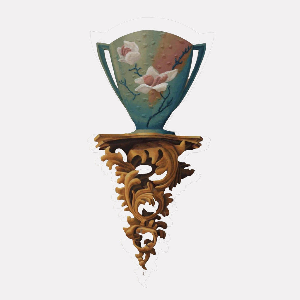 The artwork "Roseville" by Carl Chaiet in gallery position 1 features a delicately painted ceramic vase with soft pink floral motifs and dark branches set against a textured teal background. It rests atop an intricately carved golden-brown wooden bracket, blending refined craftsmanship with organic forms reminiscent of the decorative elegance found in Art Nouveau and the subtle realism of John William Waterhouse.