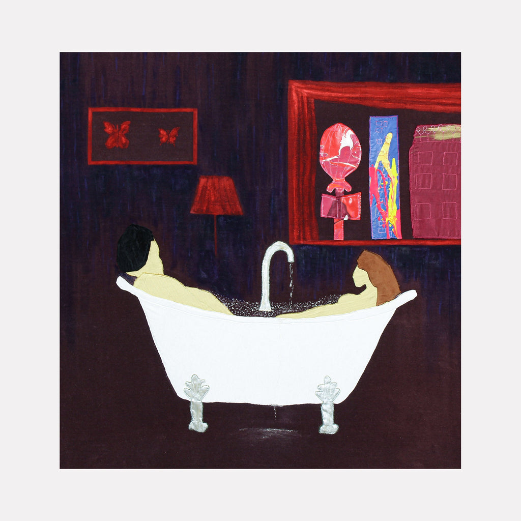 The artwork 'Rub a Dub, Dub in the LV Nomad Tub' features a whimsical fabric collage depicting a vintage clawfoot bathtub with running water against a deep purple background. Red framed artwork and a lamp accent the wall, while a shelf displays colorful decorative items. Created using appliqued fabric and acrylic paint by Ali Ha.