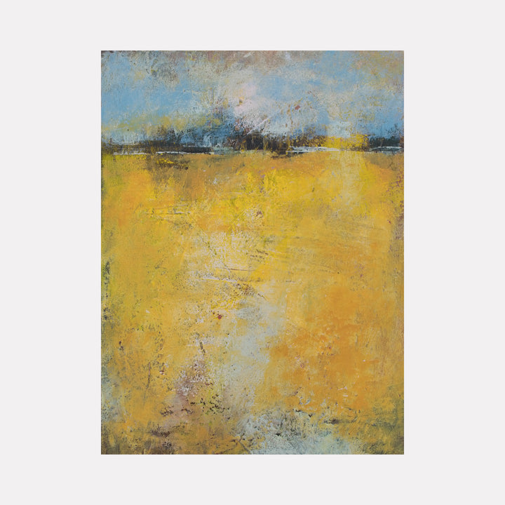 Rule Relief by Victoria Primicias presents an abstract landscape with a broad expanse of warm golden yellows contrasted by a soft sky blue horizon. Textured layers and subtle weathering effects create a contemplative and serene mood, blending earthy tones with hints of gray and muted accents in a balanced, calm composition.