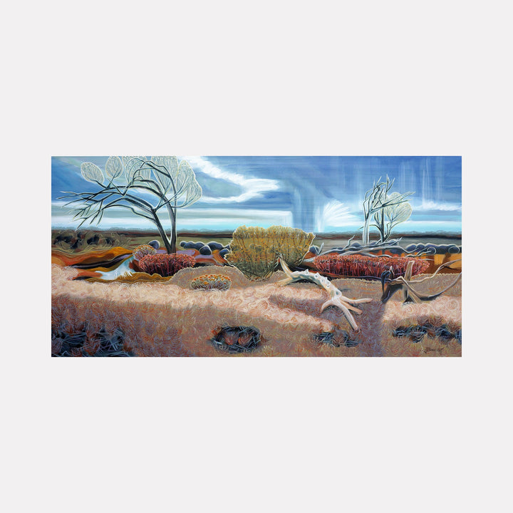 The artwork "Running Deer Park in Winter" by Gina Blickenstaff in gallery position 1 captures a serene winter Colorado landscape with soft earth tones, swirling light blues, and textured brushstrokes. Gnarled bare trees and organic shapes create a contemplative scene reminiscent of the stylized landscapes of Gustave Caillebotte and the atmospheric depth found in Andrew Wyeth’s works.