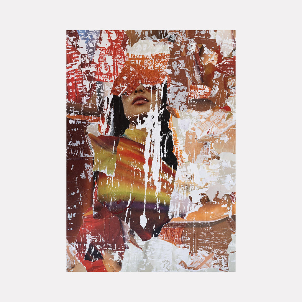 The artwork "Rusted" by Amy Turner features a layered collage effect with fragmented human facial features partially concealed beneath textured patches of rust-colored, white, and orange paint. The composition blends abstract shapes and raw textures, creating a weathered, distressed aesthetic that evokes decay and obscured identity.