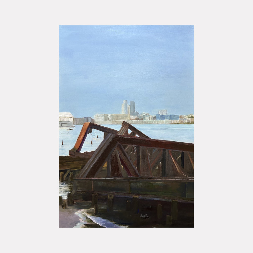 The artwork "Rusted Piers on the Hudson River, NYC" by Jessica Ziegler depicts weathered steel piers with rich textures of rust and decay set against a soft, atmospheric cityscape under a pale blue sky. The style echoes the subdued realism and urban focus reminiscent of Edward Hopper’s works, blending industrial grit with serene natural light.