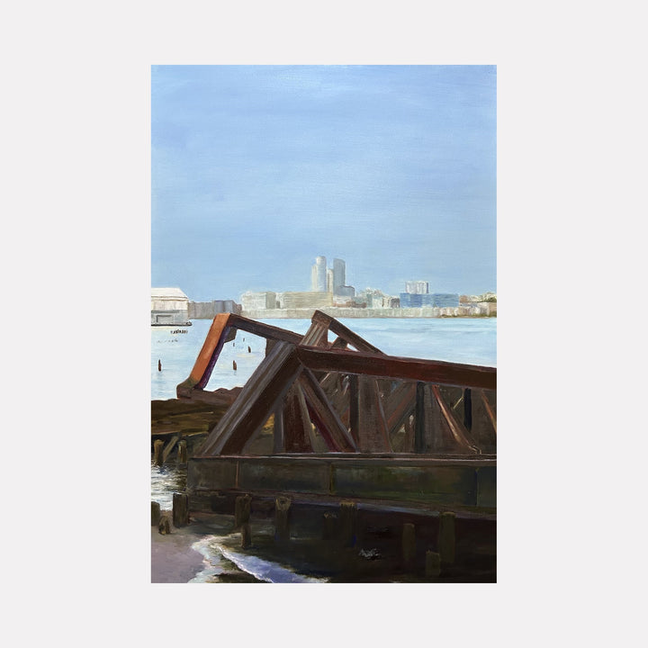 The artwork "Rusted Piers on the Hudson River, NYC" by Jessica Ziegler depicts weathered steel piers with rich textures of rust and decay set against a soft, atmospheric cityscape under a pale blue sky. The style echoes the subdued realism and urban focus reminiscent of Edward Hopper’s works, blending industrial grit with serene natural light.