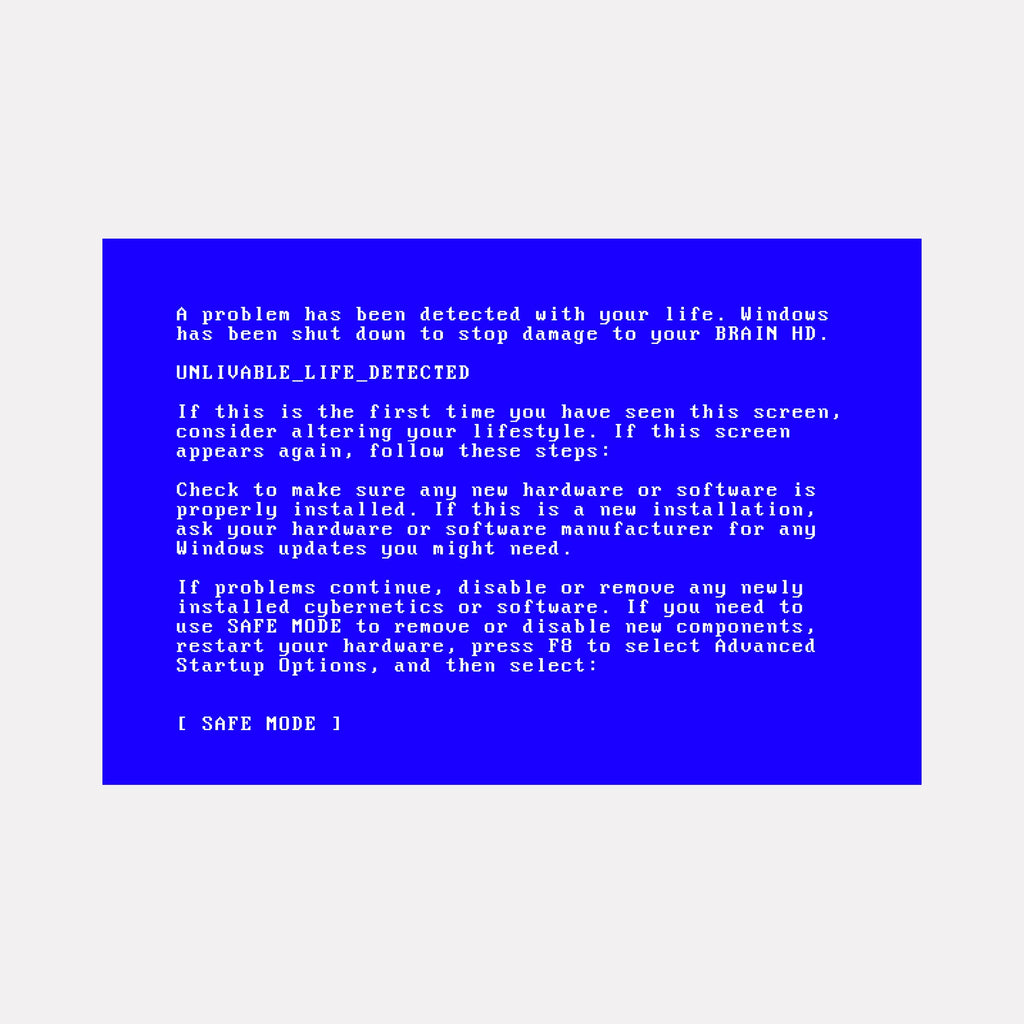 The artwork "SAFE MODE" by Harold Herb presents a digital composition mimicking a classic blue error screen with white pixelated text suggesting a system crash metaphor. The piece evokes early computer graphics and glitch art aesthetics, channeling the experimental digital disruption seen in works by Nam June Paik and mid-century cybernetic art pioneers.