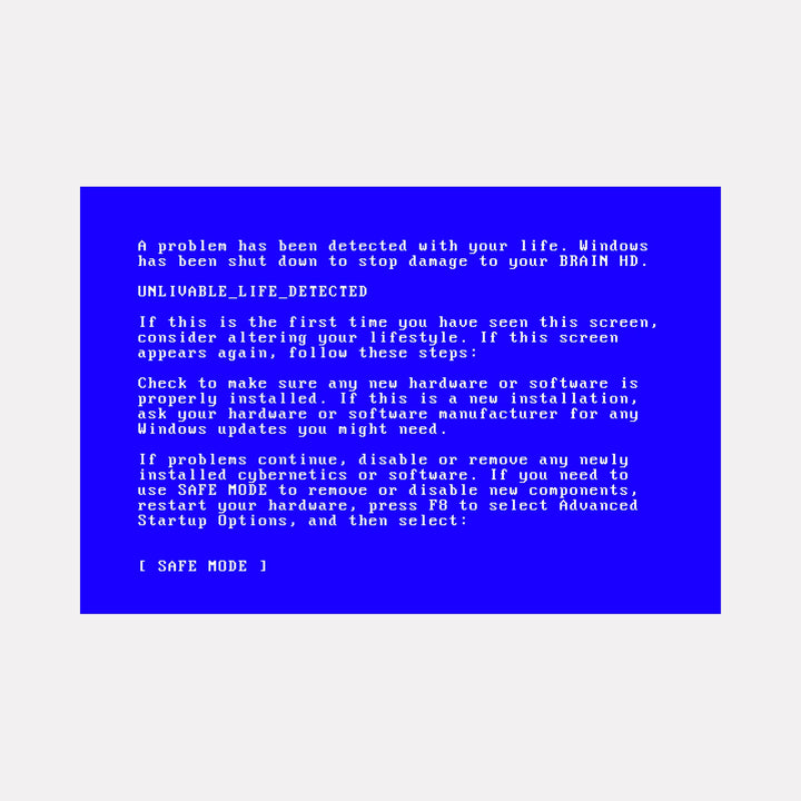 The artwork "SAFE MODE" by Harold Herb presents a digital composition mimicking a classic blue error screen with white pixelated text suggesting a system crash metaphor. The piece evokes early computer graphics and glitch art aesthetics, channeling the experimental digital disruption seen in works by Nam June Paik and mid-century cybernetic art pioneers.