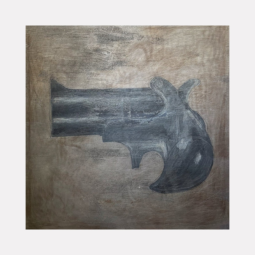 The artwork "Say When" by Adele Marchant features a textured, muted brown and gray background with a prominent, stylized black revolver shape rendered in a rough, chalky style. The piece echoes the stark simplicity and conceptual boldness reminiscent of René Magritte’s surrealism and Andy Warhol’s pop art gun motifs.