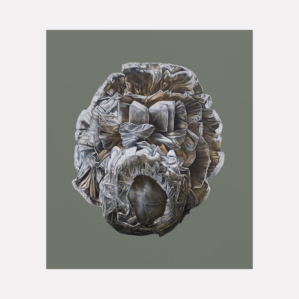 The artwork "SCARED THOUGHT I" by Lisyanet Rodriguez features a textured, layered, circular abstract form in muted gray and brown tones against a solid green background. The intricate folds and organic shapes evoke a sculptural quality reminiscent of Louise Bourgeoisâ€™s biomorphic forms and the tactile depth found in contemporary abstraction.