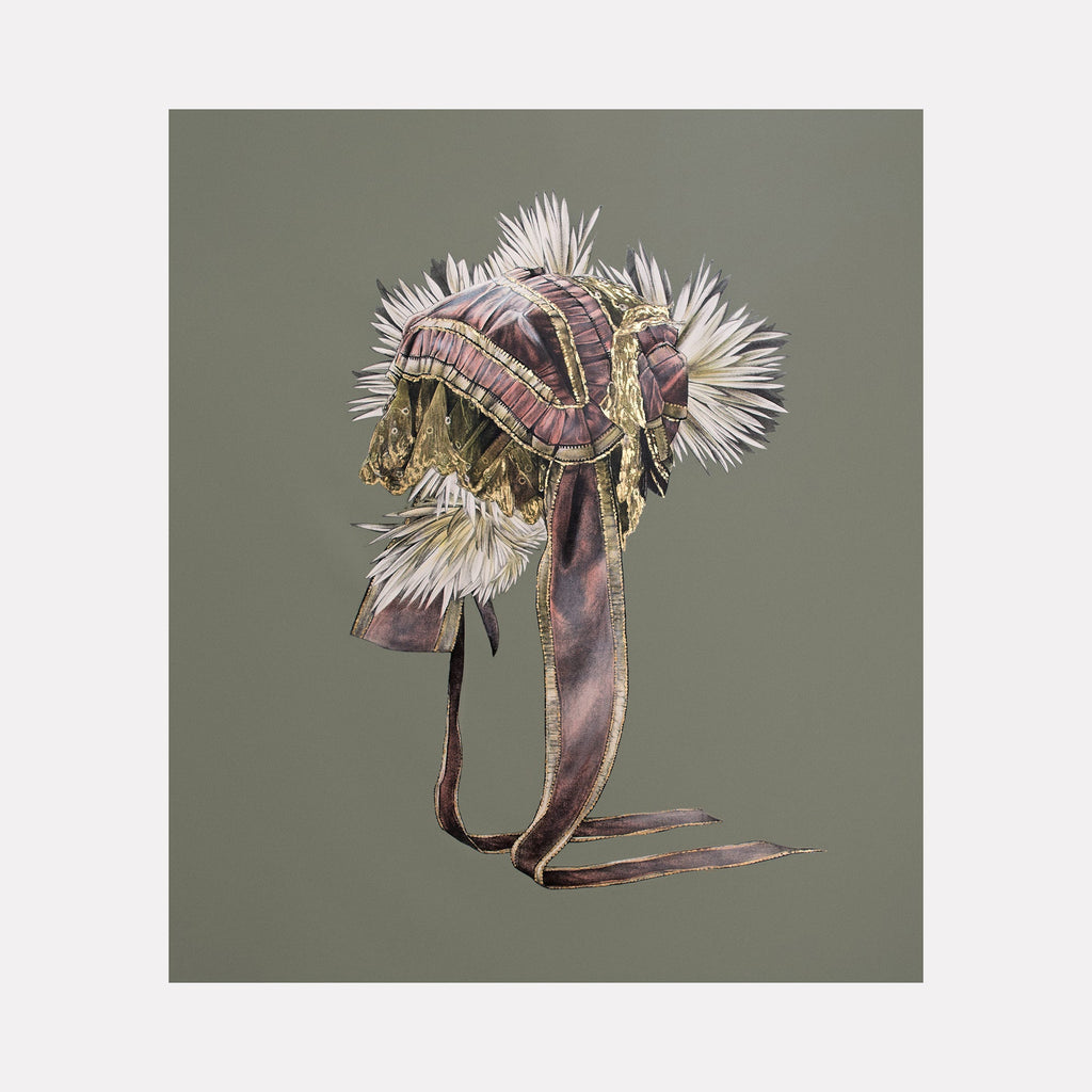 The artwork "SCARED THOUGHT II" by Lisyanet Rodriguez features a detailed, textured headpiece against a muted green background. The composition highlights intricate fabric folds in reddish tones with gold accents, surrounded by radiating white feather-like shapes. The style evokes the meticulous realism of Albrecht DÃ¼rer and the ornamental elegance seen in Gustav Klimtâ€™s portraits.