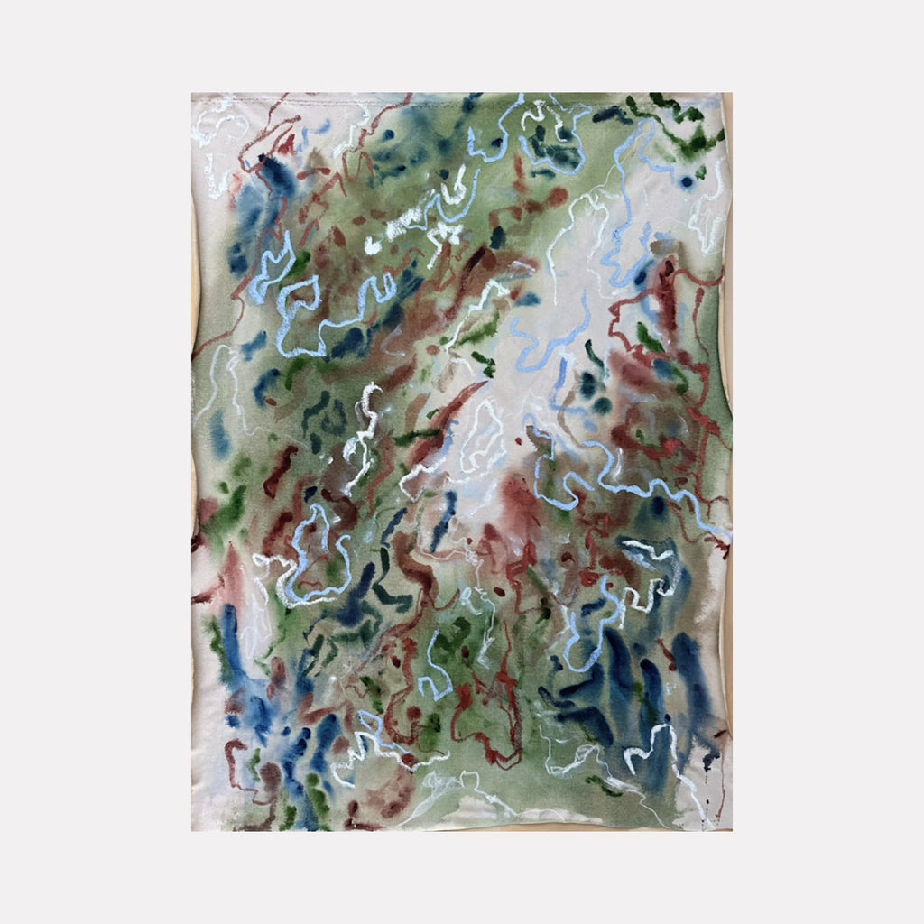 The artwork "Seeds" by Adele Marchant features an abstract composition with flowing organic shapes in muted greens, blues, and earthy reds, accented by thin white and light blue line details. The texture appears soft and watercolor-like, reminiscent of the abstract expressionist style of Helen Frankenthaler. The vendor name Adele Marchant is included.