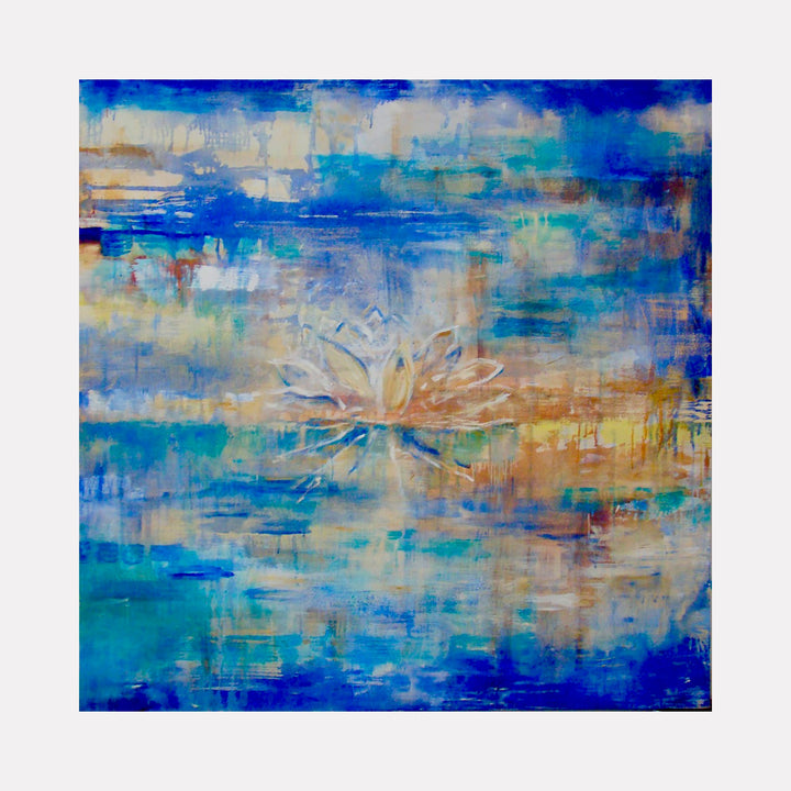 The artwork "SERENITY" features a softly blended abstract background with hues of blue, teal, beige, and white, evoking a calming water scene. At its center is a subtle, delicate lotus flower rendered in light tones, surrounded by textured brushstrokes that suggest reflection and tranquility. By Amadea Bailey.