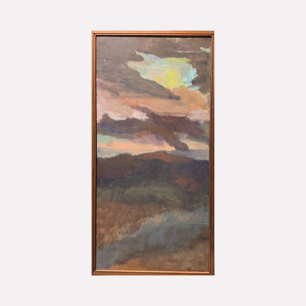SKYSCAPE by Diane Love portrays a softly layered horizon at dusk, blending muted earth tones with dusky purples and pale yellows. The vertical composition uses gentle brushwork to suggest a tranquil scene where light diffuses through clouds above an indistinct landscape, evoking a quiet, contemplative evening mood.