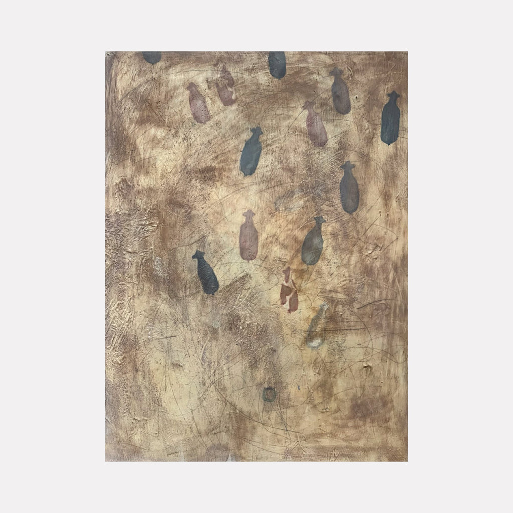 The artwork "Solitude" by Adele Marchant features abstract bottle shapes scattered across a textured, earthy background in muted browns and grays. The style echoes elements of Jean Dubuffet’s raw textures and Giorgio Morandi’s still life simplicity, evoking a quiet, contemplative atmosphere through layered brushstrokes and subtle tonal variations.