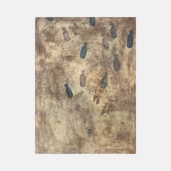 The artwork "Solitude" by Adele Marchant features abstract bottle shapes scattered across a textured, earthy background in muted browns and grays. The style echoes elements of Jean Dubuffet’s raw textures and Giorgio Morandi’s still life simplicity, evoking a quiet, contemplative atmosphere through layered brushstrokes and subtle tonal variations.
