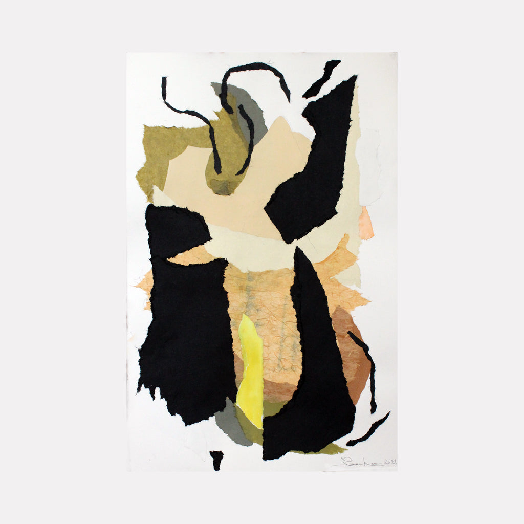 SONATA by Diane Love features a layered mixed media collage with torn paper fragments in black, beige, olive, and muted yellow tones. The abstract composition blends organic shapes and textures, creating a dynamic, rhythmic interplay of light and shadow that evokes a contemplative and expressive mood.